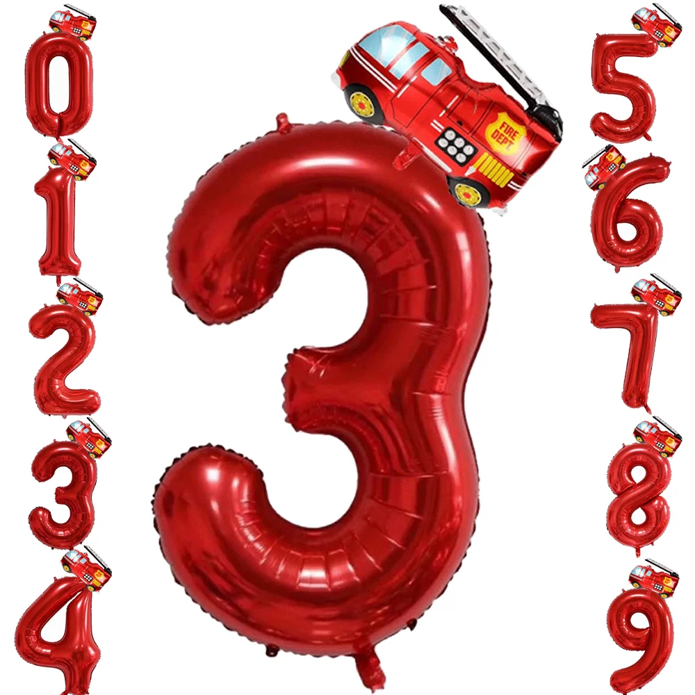 Feuerwehrmann Partyzubehör Digital0-9 Zahlenballon Mini Feuerwehrauto Folie Heliumballon Kindergeburtstag Feuerwehrmann Rettungsparty Dekor