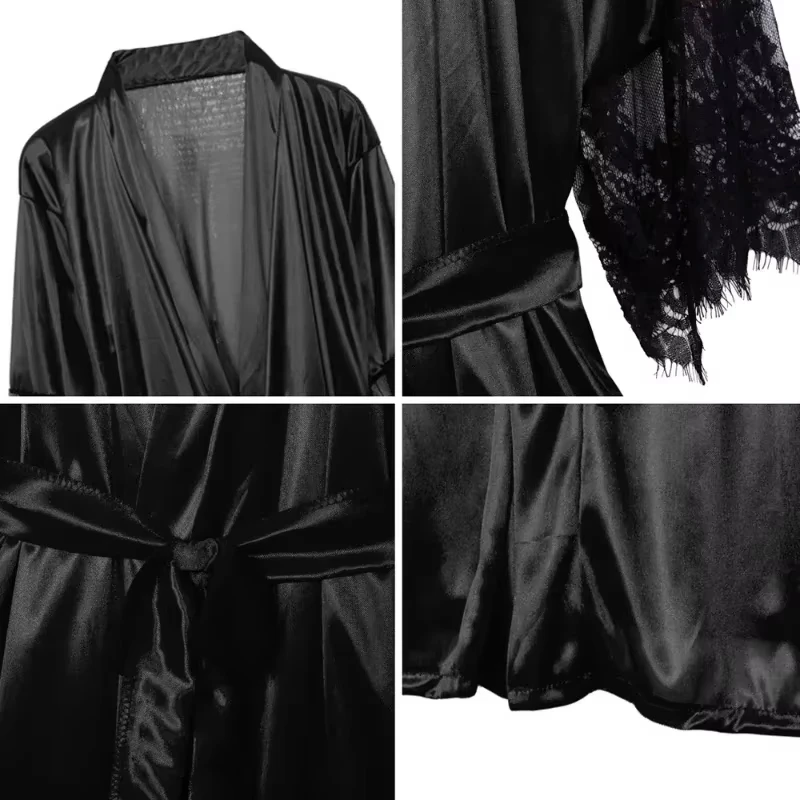 Women Night Gown Robe with G String Floral Lace Bathrobe Halt Sleeve...