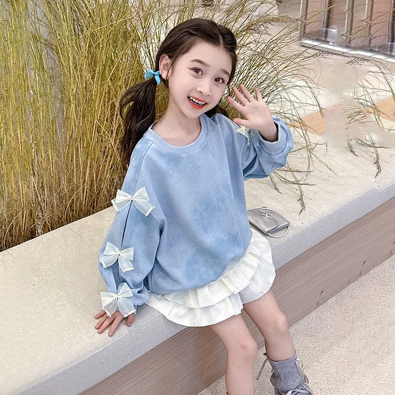 Girls Sweet Sweatshirt Spring Bow Tops Autumn New Fashion Cute Pullover Children Long Sleeve Casual Clothes 3-14 Years Old