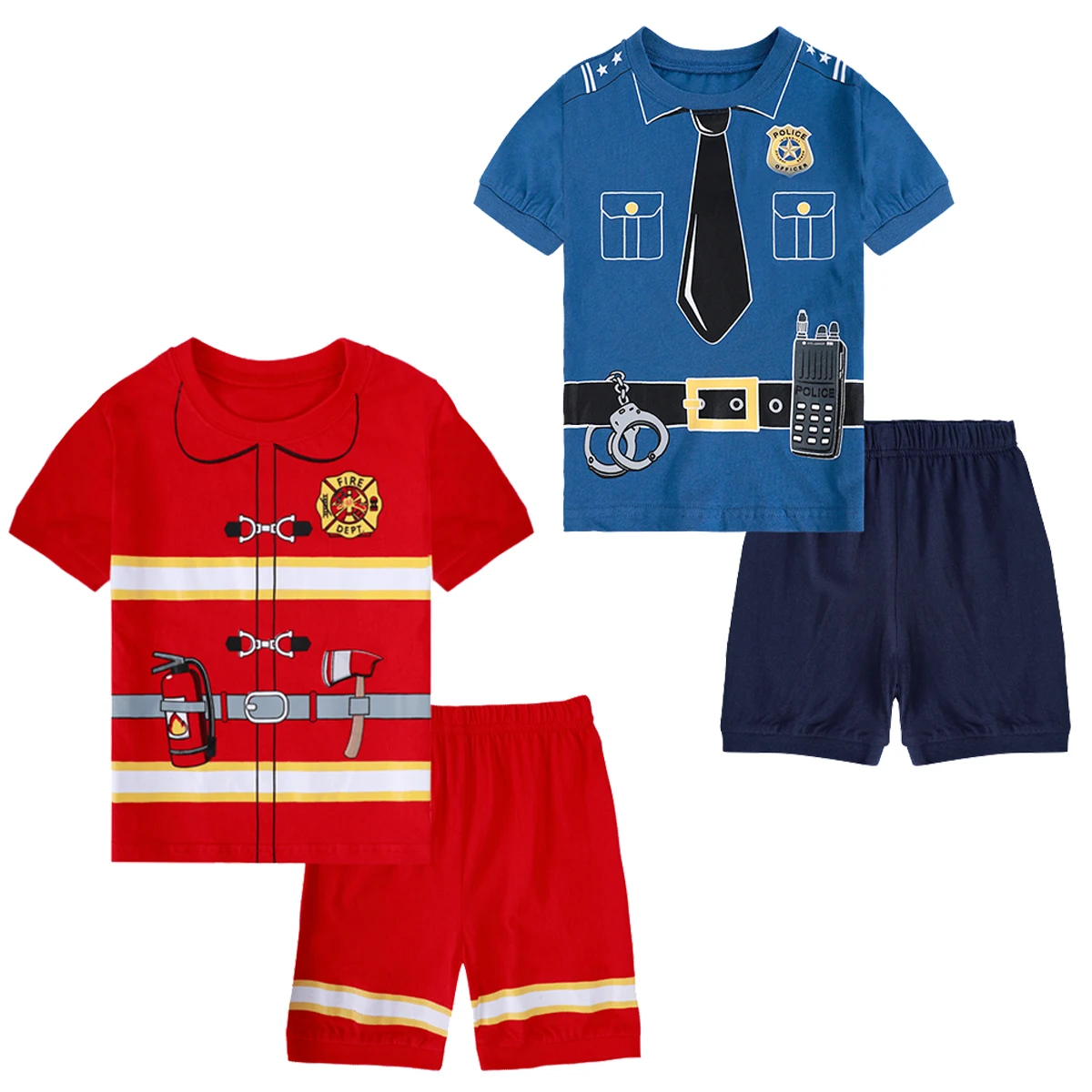 Cotton Pajamas Set Kids Boys Policeman Sleepwear Baby Toddler Fireman Halloween Short Sleeve Casual