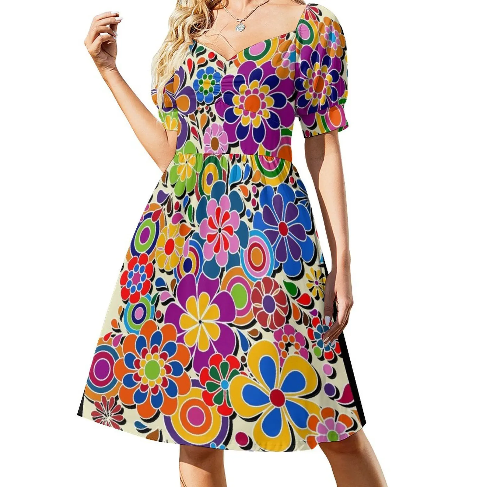 thumbnail image 1 of Fantástico vestido de noche de manga corta con estampado floral colorido para mujer, vestidos formales para ocasiones especiales., 1 of 7