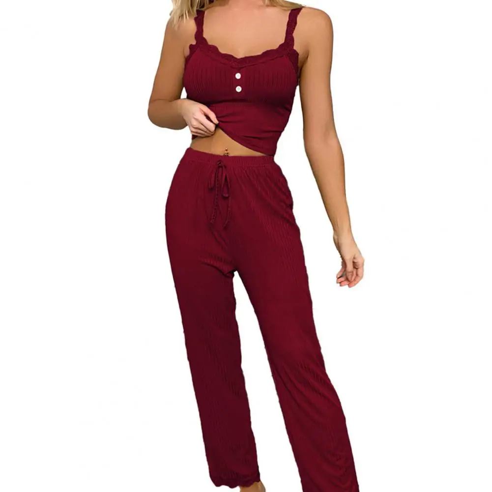 

Summer Top Set Elegant Floral Crop Top Pants Set for Women V Neck Drawstring Loungewear with High Waist Camisole Long Trousers