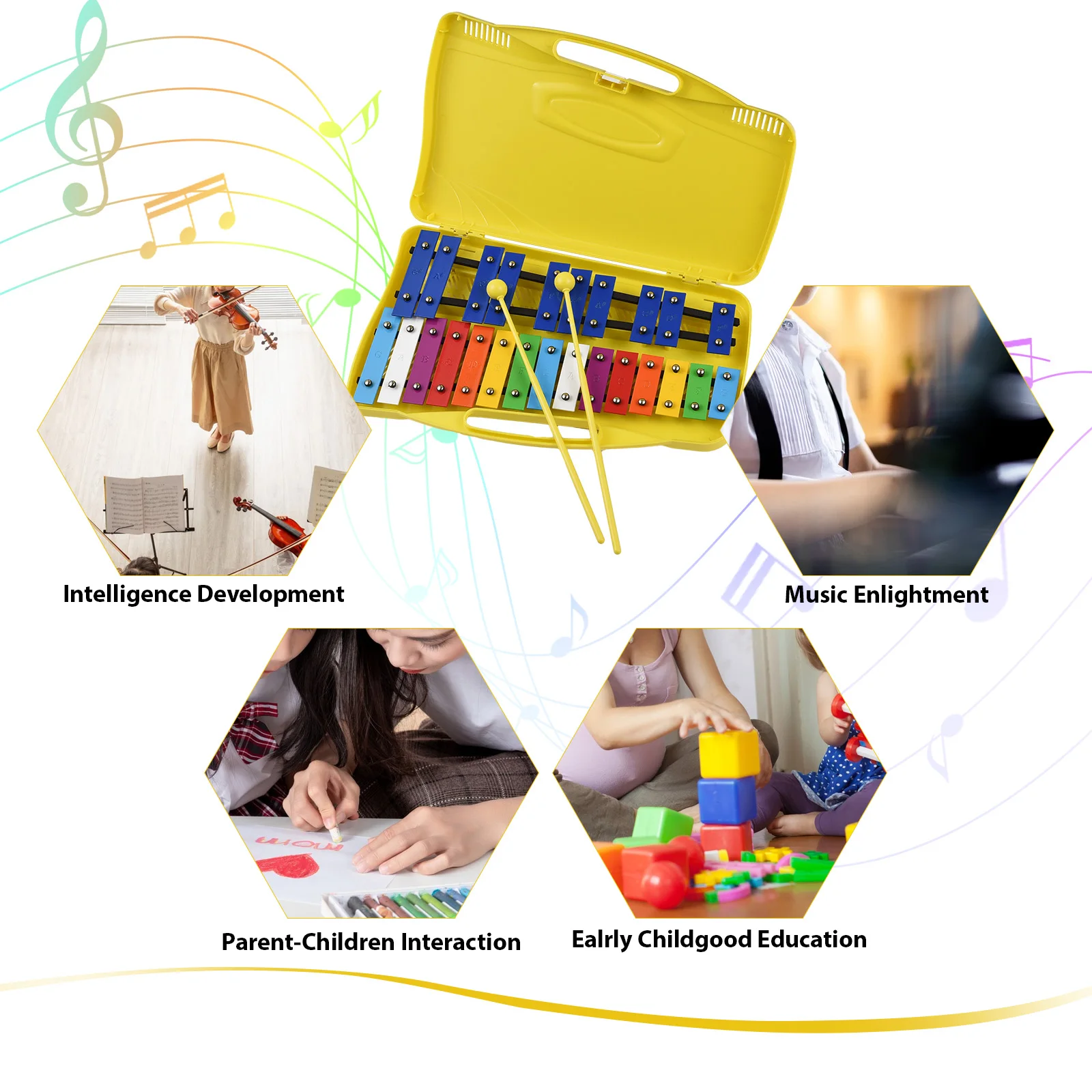 25 Notes Glockenspiel Xylophone Colorful Metal Keys Rhythm Instrument with 2 Mallets Handheld Case Gift for Beginners Students