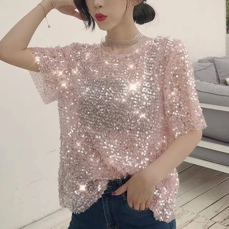 

Summer New Round Neck Fashion Short Sleeve T-shirt Women Elegant Sequined Patchwork Lace Pullovers High Street Casual Loose Tops