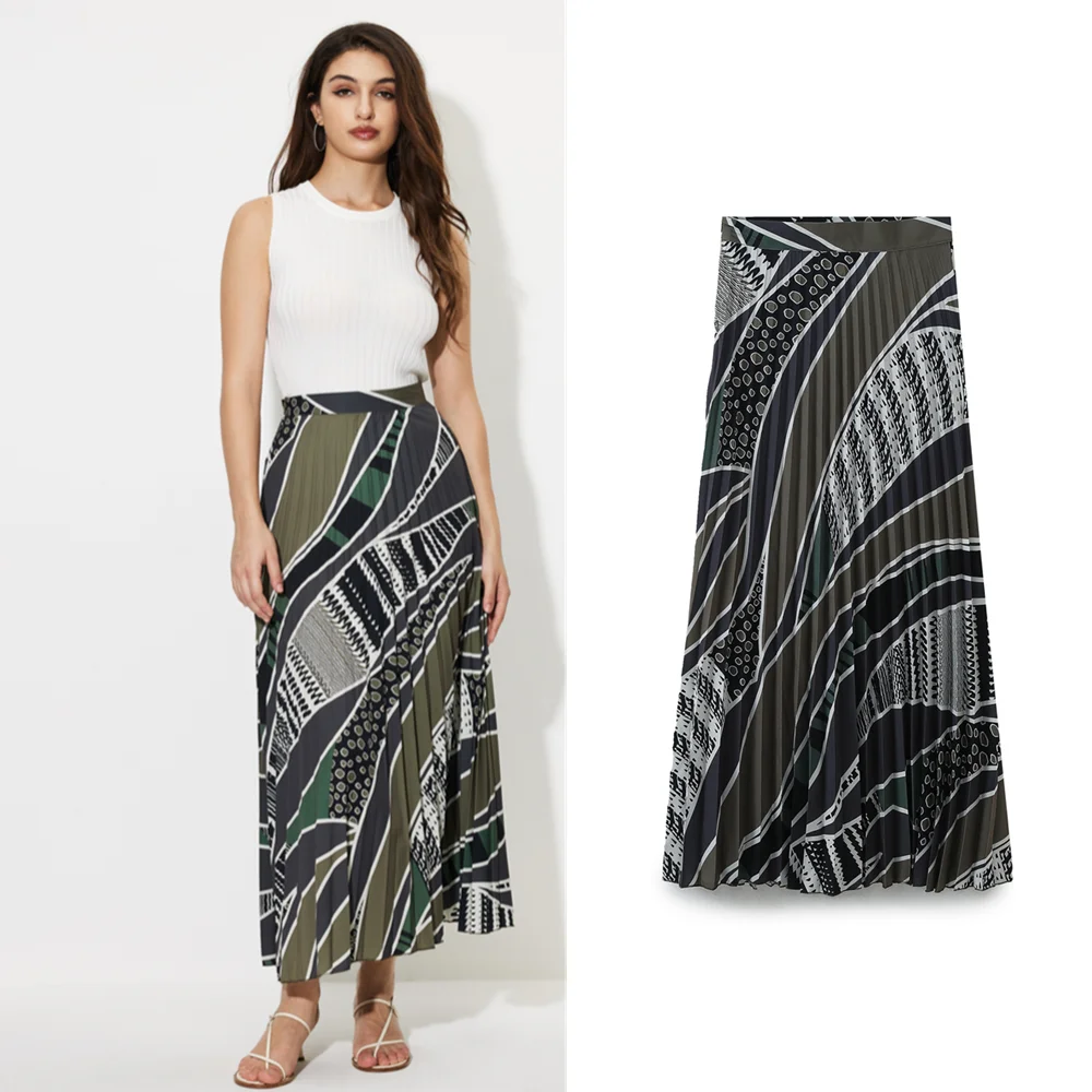 TAOP&ZA Women's 2024 Summer New Women's High Waist Swing Umbrella Skirt Printed Pleated Skirt 1165051 taop