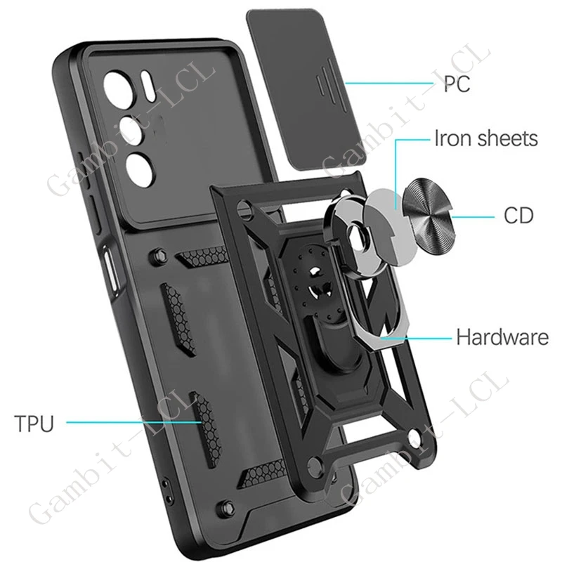 Anti-Falling Ring Armor Case with Magnetic Holder Stand and Sliding Camera Lens Cover