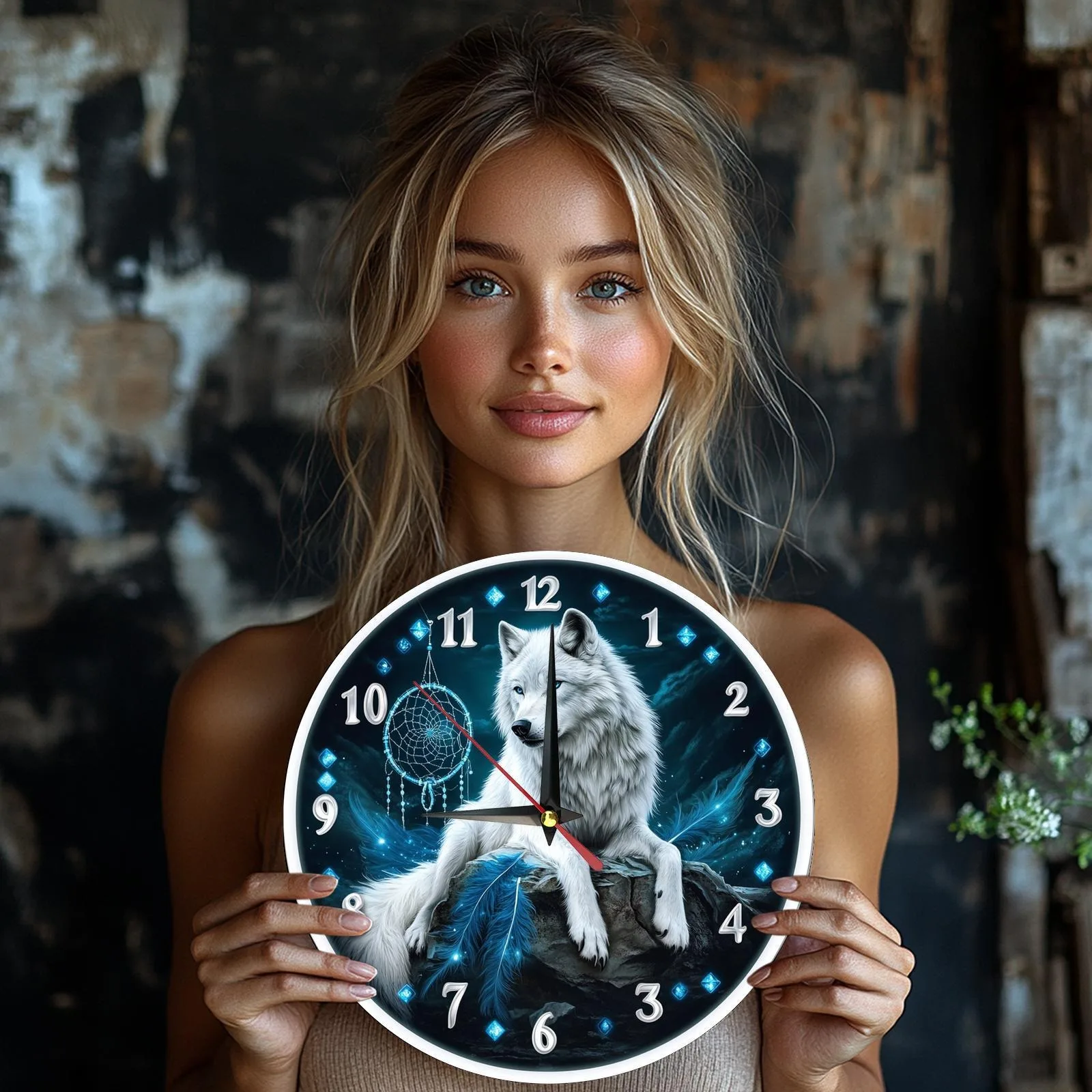 Wooden wall clock with a white wolf and dreamcatcher design. Ideal for living rooms or bedrooms. Requires AA batteries 5