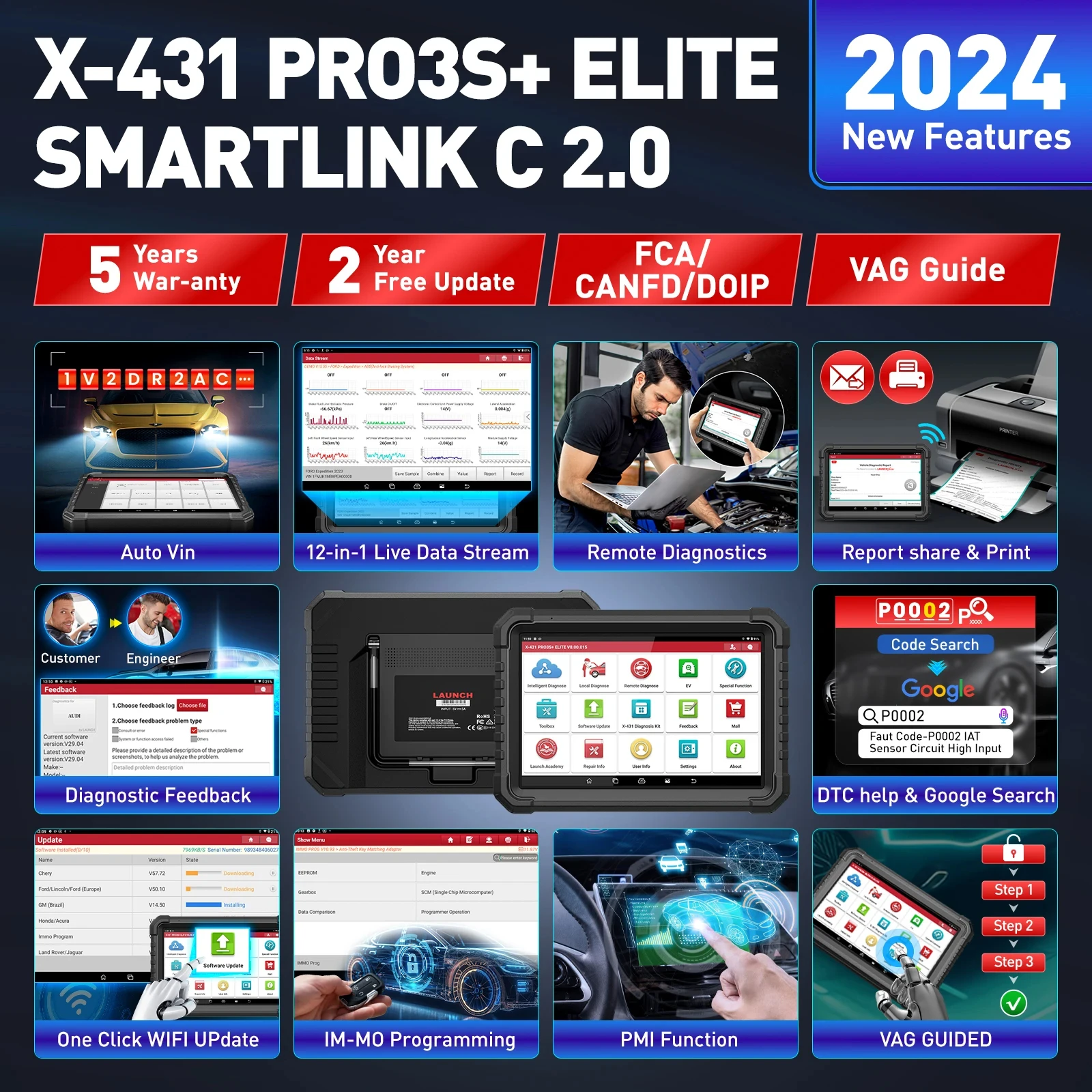 NEW Launch X431 PRO3S+ Elite Car Diagnostic Tools J2534 Programming Auto OBD2 Scanner Diagnosis Tool with WORK SmartLink C