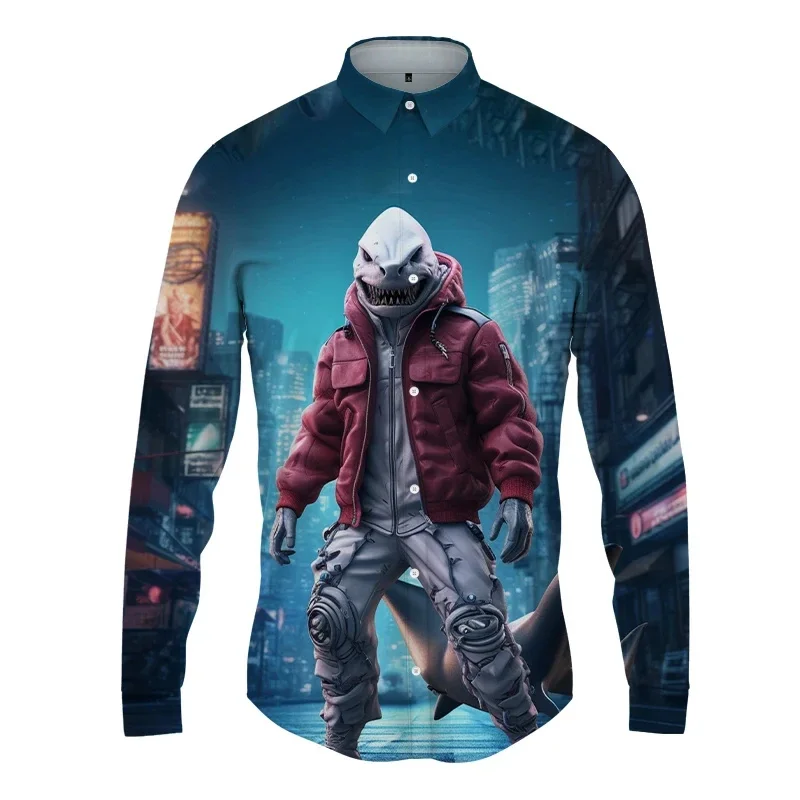 thumbnail image 1 of Camisas de manga larga con estampado 3D de antropomorfismo animal para hombre y mujer, camisas casuales de moda con solapas abotonadas, ropa unisex de gran tamaño, 1 of 4