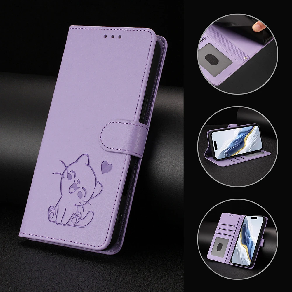 Adorable Cat Design Leather Wallet Phone Case with Kickstand, Card Slots, and Strap