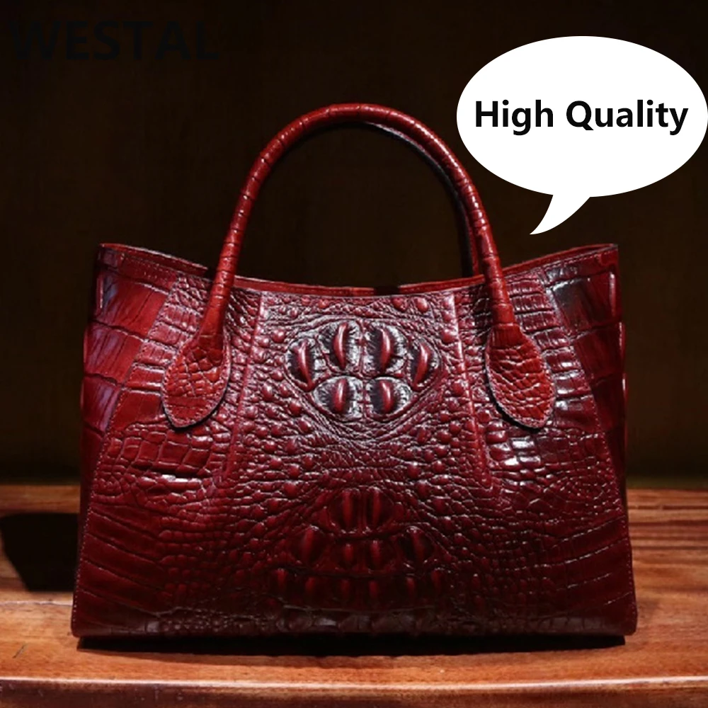 

WESTAL High Quality Frist Layer Cow Genuine Leather Totes Bag Luxury Handbags Designer Women Bags Croco Pattern Shoulder Bags