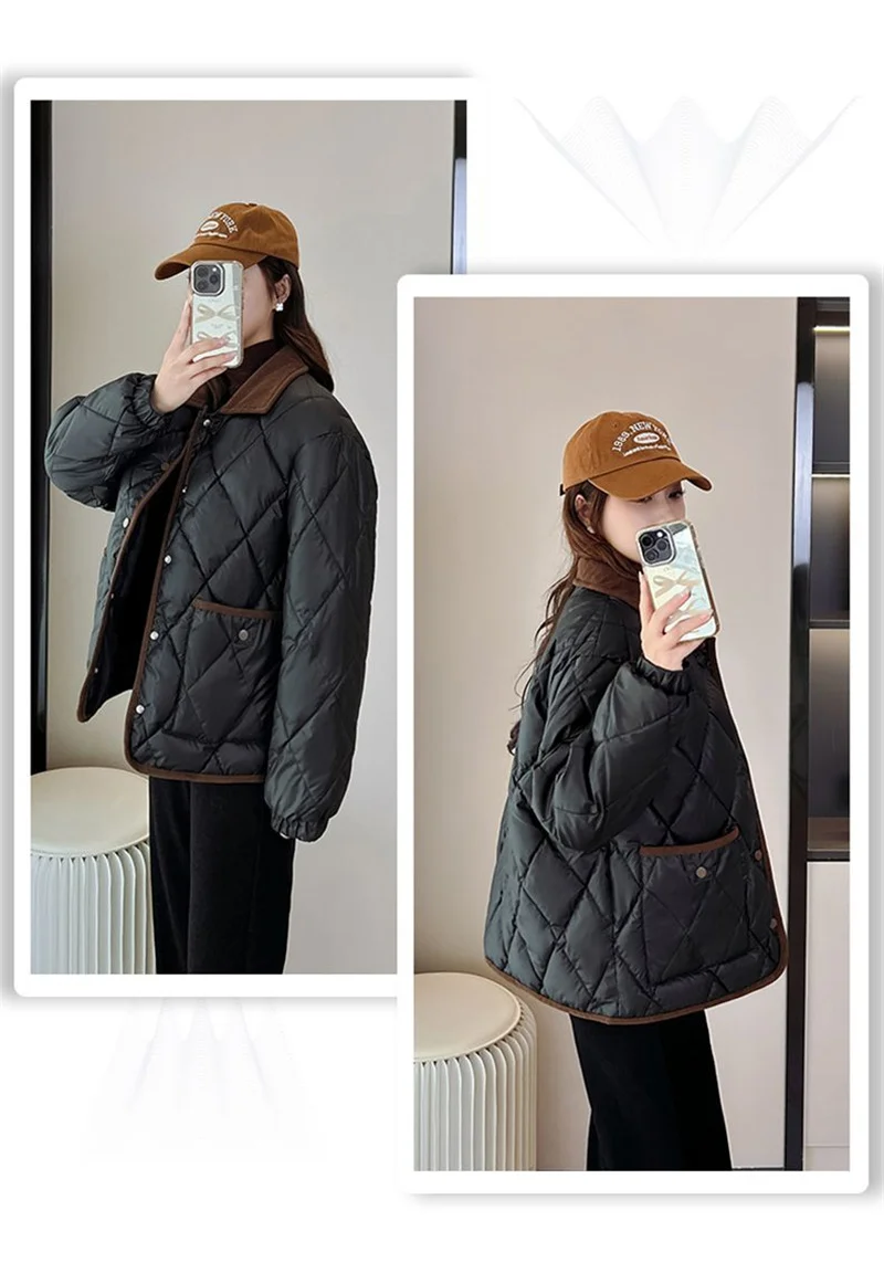 Autumn Winter Overcoat PU Leather Cotton-padded Jacket Women's Rhombic Lattice Short Coats Female Warm Outerwear No-wash Parkas