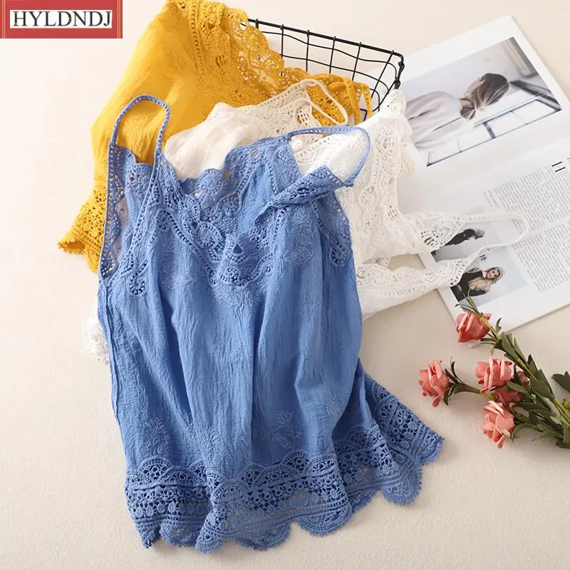 Cotton Linen Camisole Top Women Summer Holiday Beach Casual Tank Top Sleeveless Black White Blue Cami Crochet Lace Trim