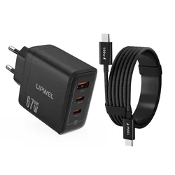 High - Speed 67W GaN Charger with EU Plug - 3 - in - 1 USB C & USB A Ports - Black With Cable