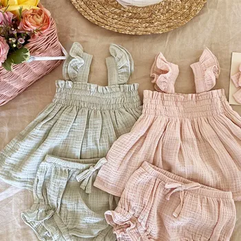Summer 2023 Baby Girls Suit Set Solid Cotton Linen Casual Square Neck Fly Sleeve Tops+Ruffle Shorts Clothes for Toddler Infant 1