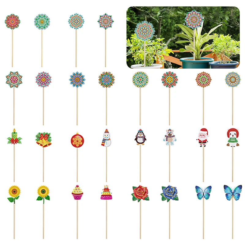 2 Pieces DIY Diamond Painting Garden Flowers Plants Decorative Stake
