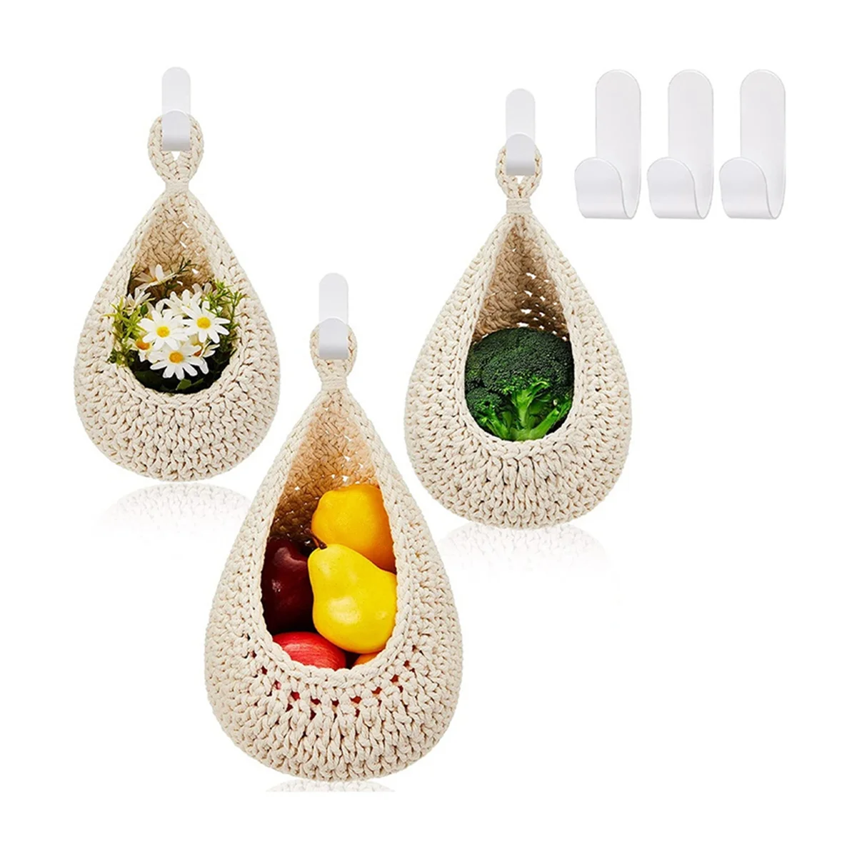 

Hanging Fruit Baskets for Kitchen 3 PCS Boho Produce Storage Baskets with 3 Pcs Strong Hooks