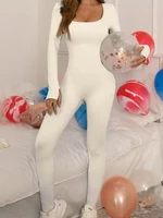 Long Sleeved Jumpsuit Women Square Collar High Waist Bodycon One-piece Leggings Seamless Casual Sports Jumpsuit Bodysuit - Image 2