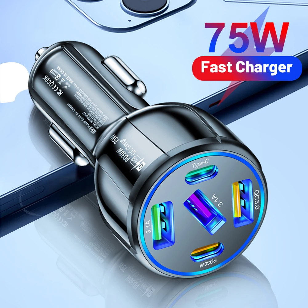 

1x Car Charger Super Fast Car Charger 75W 3USB+2PD Port Universal Socket Adapter For Phone Battery Charger Units