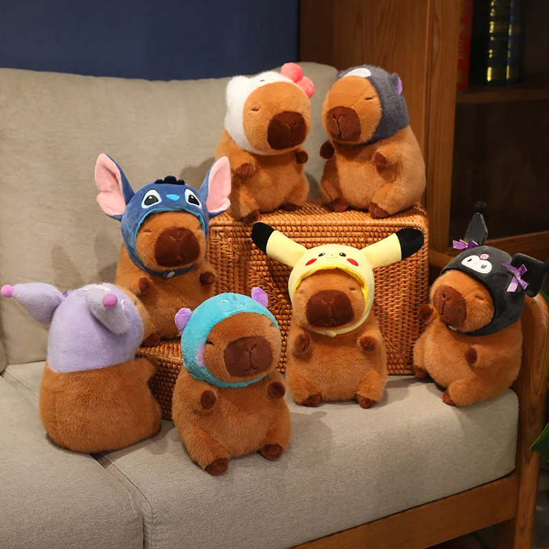 22cm Pokemon Pikachu Disney Stitch Kuromi Hat Capybara Plush Toy Capibara Stuffed Animal  Simulation Capybara Plushies Doll