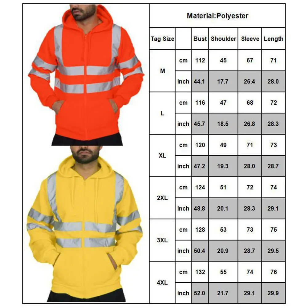 M-4XL Zip Hooded Fleece Sweatshirt Hi Viz Vis Reflective Pullover Hoodie High Visibility Jacket