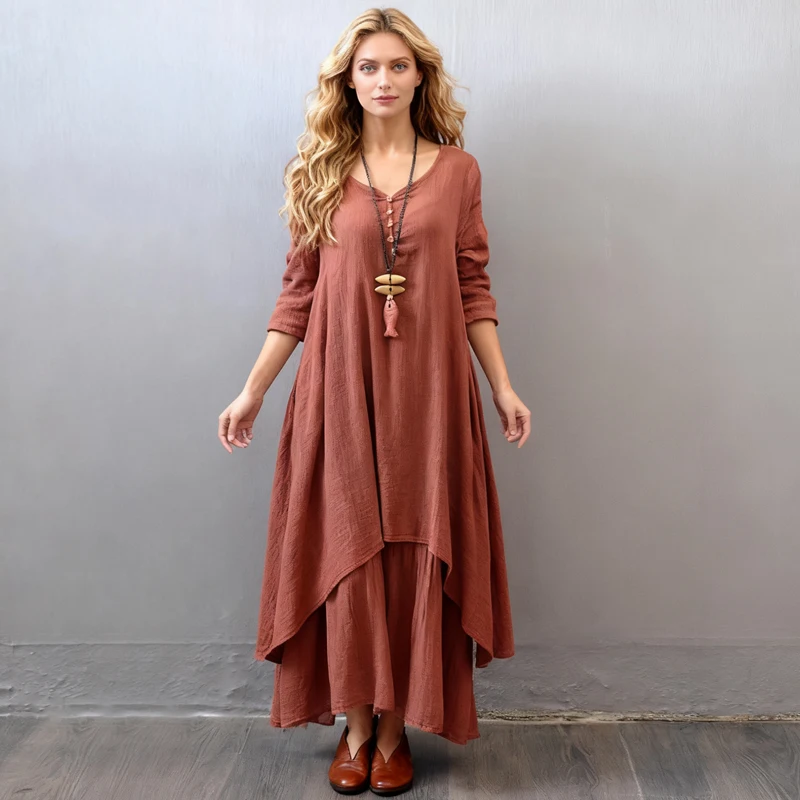 New Spring and Summer Women's Solid Color Loose Long-sleeved Dress Fake Two Pieces Swing Casual Cotton and Linen Long Skirt