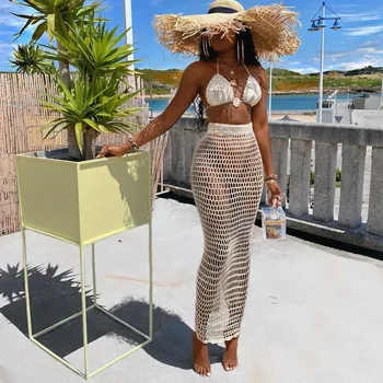 여름 여성 속이 빈 점퍼 니트 스커트 정장, v넥 브래지어 탑 + 스커트 정장, 민소매 섹시한 낚시 그물 투피스 세트