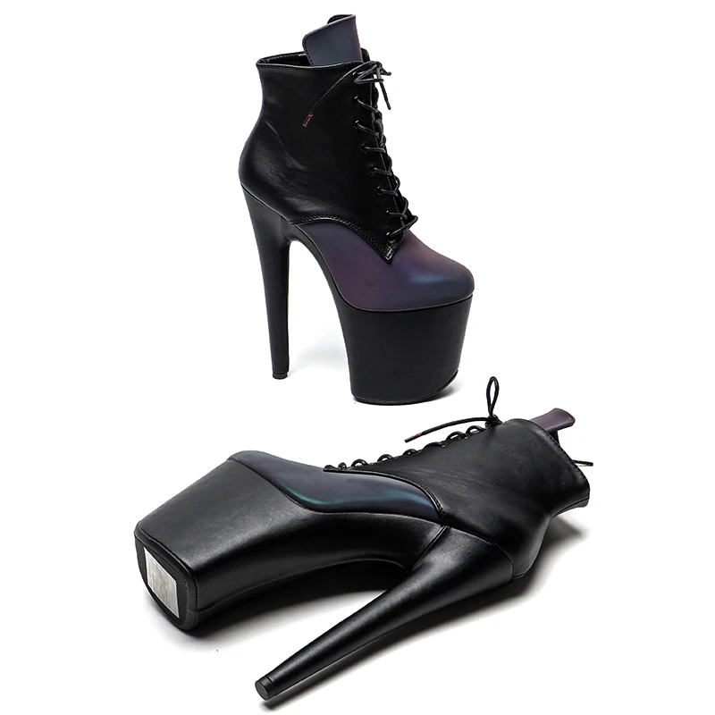 Leecabe  20CM/8inch  Reflective material PU with Matte  PU Upper  Platform Ankle Boots Sexy Exotic  pole dance shoes