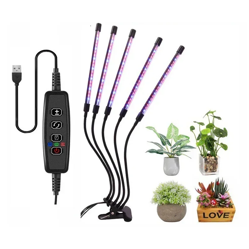 LED USB Full Spectrum Plant Grow Light with Timer - Dimmable Clip Lamp for Indoor Greenhouse Vegetables and Flowers