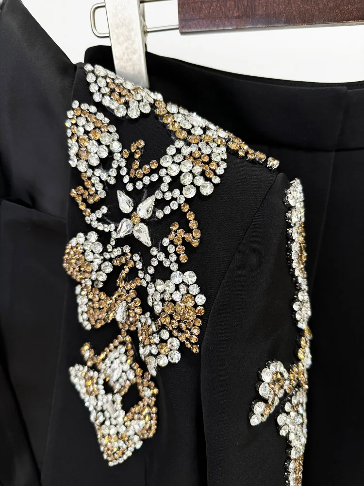 HIGH STREET Newest 2024 Designer Suit Women Beaded Diamonds Stand Collar Single Button Blazer Wide-leg Pants Set 2PCS 4