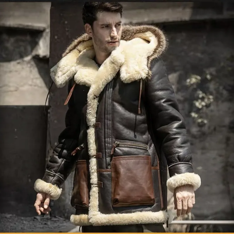 Зимнее мужское Оригинальное меховое пальто средней длины, утепленное пальто из овечьей кожи, Бомбер с капюшоном и шерстяной подкладкой, Теплая мужская одежда для снега