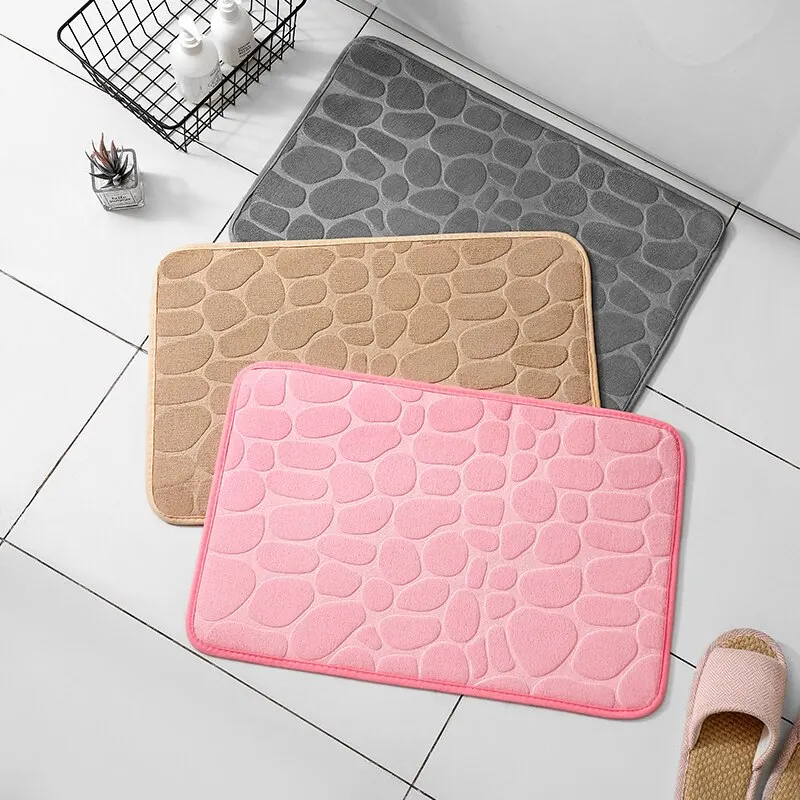 Evideco 3D Cobble Stone Shaped Memory Foam Bath Mat Microfiber Non Slip - Pink