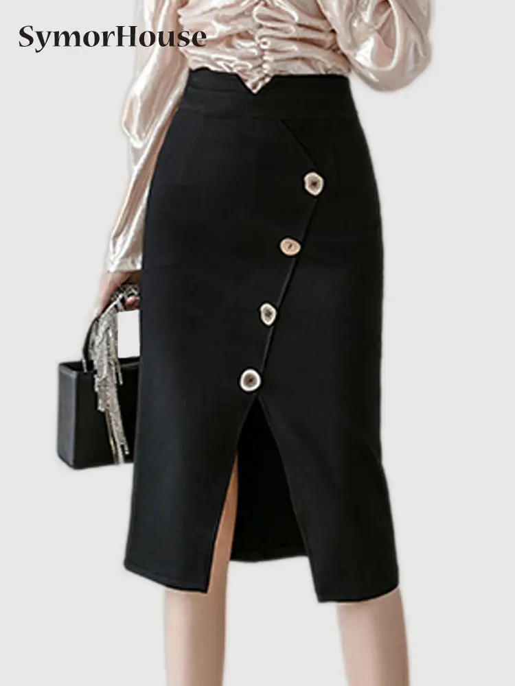 

Spring Summer Stylish Sexy Solid Khaki Black Button Skirt Women High Waist Elastic Bodycon Midi Split Pencil Skirts Female
