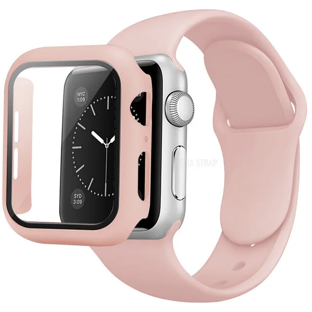 Strap+Case Set for Apple Watch Band 44mm 40mm iWatch band 42mm 38mm Silicone Bumper+Bracelet for Apple Watch series 4 3 5 SE 6 7 Pink sand 9