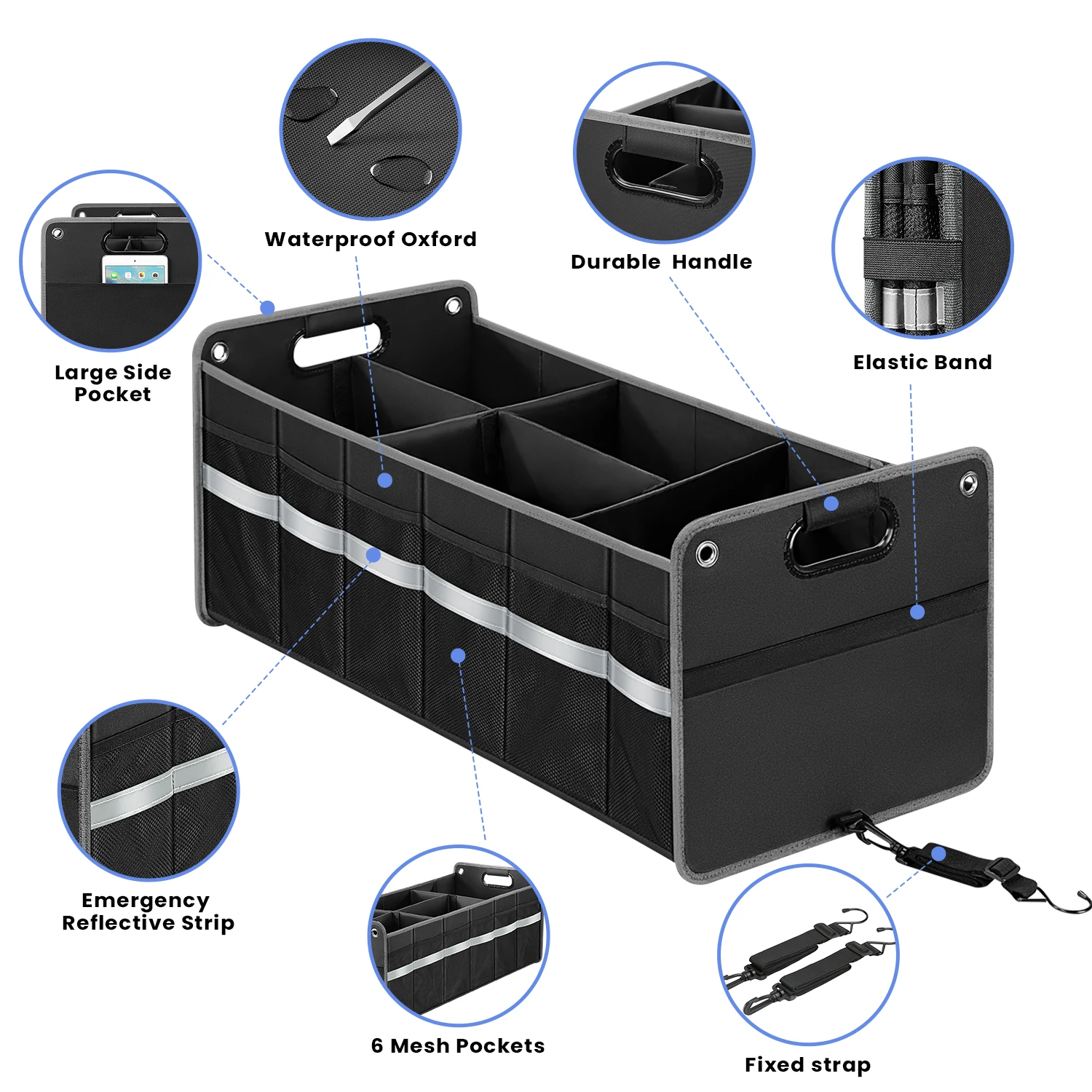 Car Trunk Organizer, Heavy-Duty Polyester Multi-Compartment Storage Box, Waterproof with Reflective Strip, Durable Handles 2