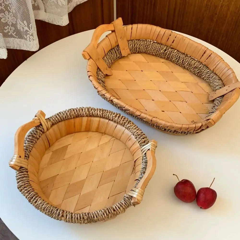 수제 손으로 짠 수납 바구니 대용량 소박한 라탄 수납 트레이 손잡이가 있는 원형 과일 야채 보관 트레이