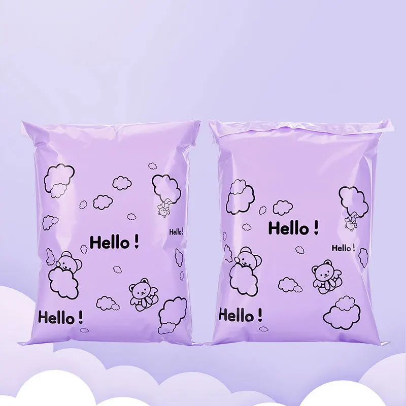 50Pcs Purple Color Plastic Logistics Mailing Bag HELLO Bear Printing Courier Mail Bag Self Seal Express Party Gifts Storage Bags