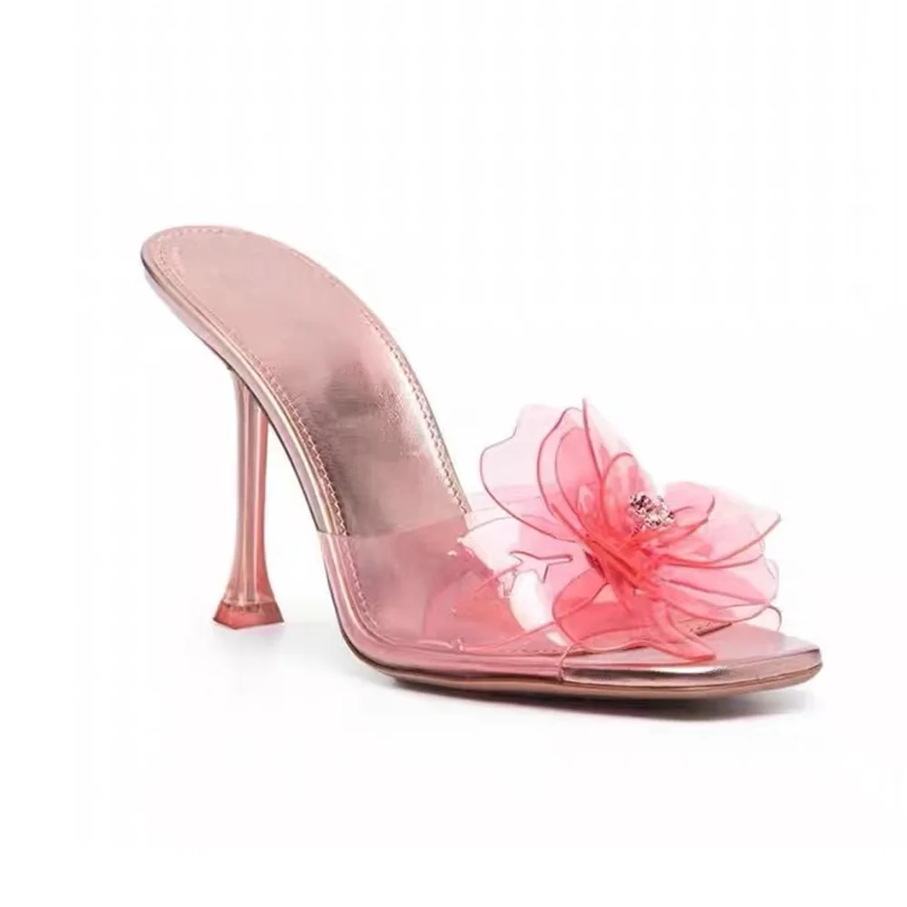 Pellicola Trasparente Fiore Di Cristallo Pvc Tacco Alto Pantofola Peep Toe Blu Rosa Trasparente Fiore Tazza Tacchi Scarpe Donna Slingbacks Sandali