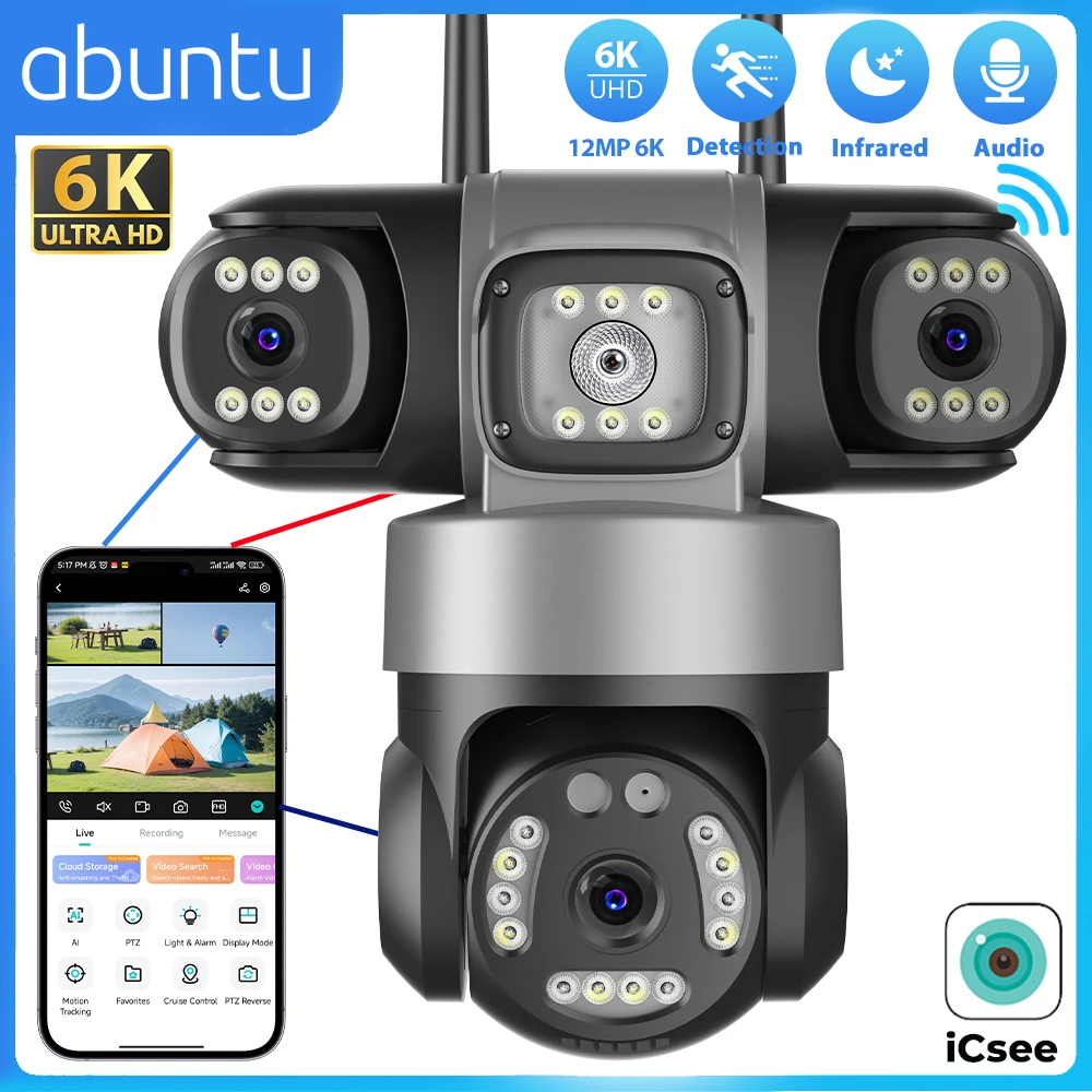12MP 6K Three Lens Three Screens Wifi Security Camera HD Night Vision Outdoor Surveillance Camera 360° NO Blind Spots ICSEE APP