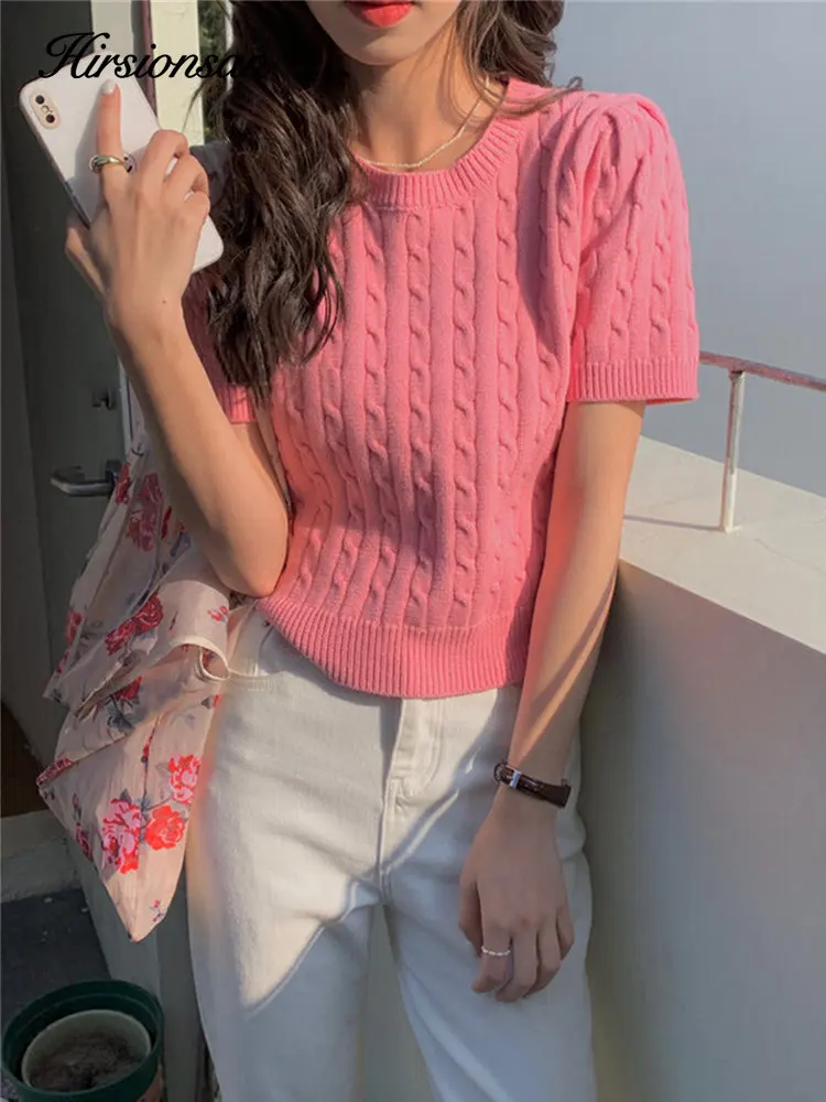 

Hirsionsan Chic Solid Short Sleeve Sweater Women 2023 Summer Spring Casual Soft Pullover Female Crop Elegant Knitted T Shirt
