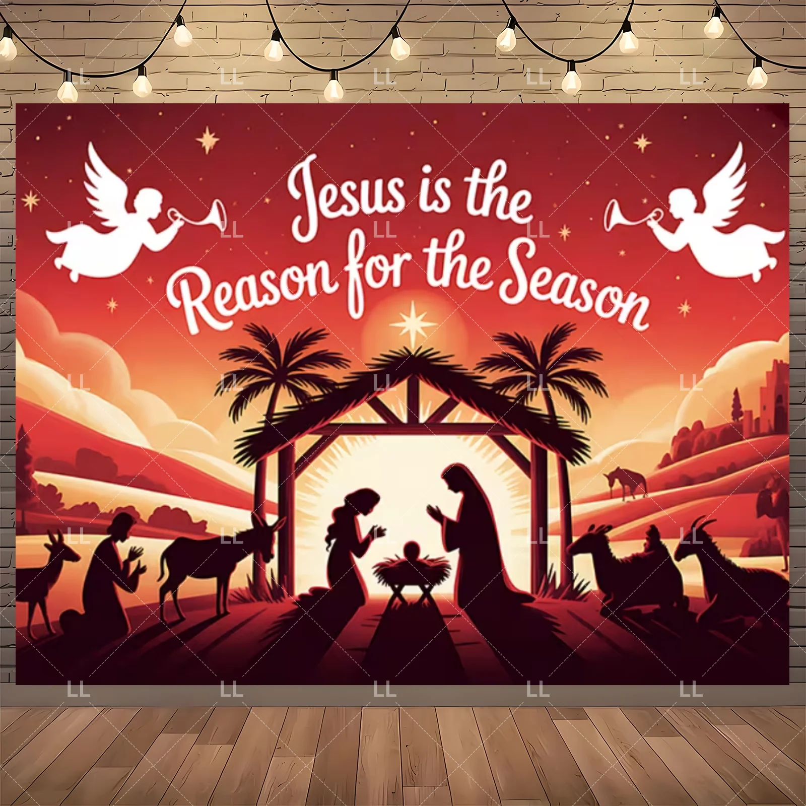 Starry Night Nativity Scene Backdrop - Traditional Christmas Party Decor and Photo Prop