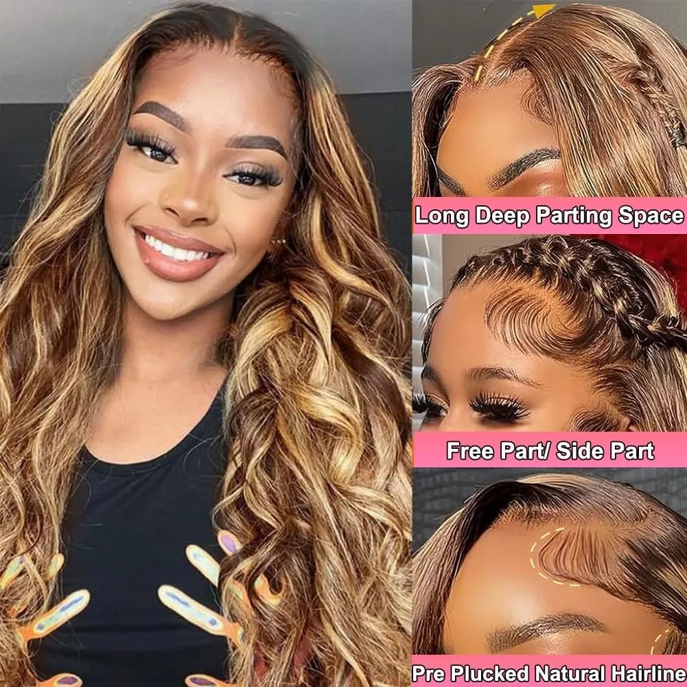 Highlight Honey Blonde Ombre 427 Body Wave 13x4 HD Lace Front Wigs Human Hair Wig 30 40 Inch 200% Density 13x6 Lace Frontal Wig 5