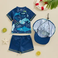 Baby Kids Boys Rash Guard Set Short Sleeve Shark Dolphin Print Top with Shorts Hat Swimsuit Summer Swimwear 6