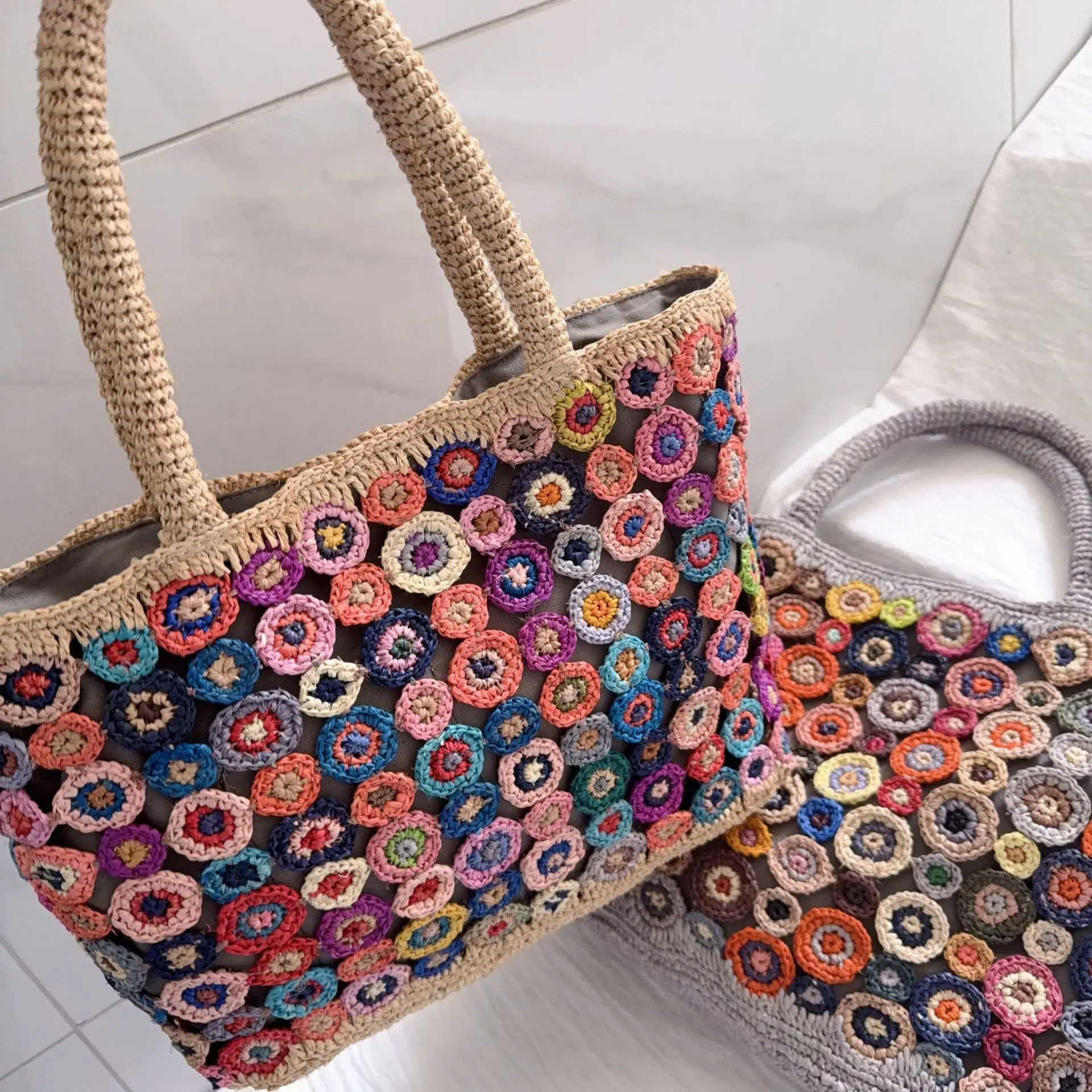 Bohemian Square Straw Women Lafite Shoulder Bags Casual Weave Handbags Casual Handmade Summer Beach Bag Large Capacity Tote Bag