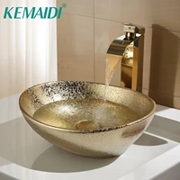 KEMAIDI 16" Gold Bathroom Sink Ceramic Vessel Sinks for Bathrooms Above Counter Bathroom Sink Oval Vessel Sink with Faucet Combo 1