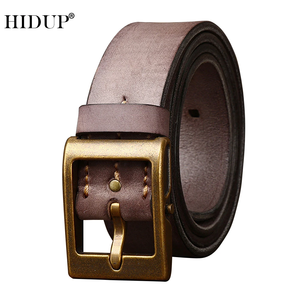 HIDUP 2023 Top Quality Pure Cowhide Leather Belt Retro Style Brass Pin Buckle Belts for Men 39mm Width