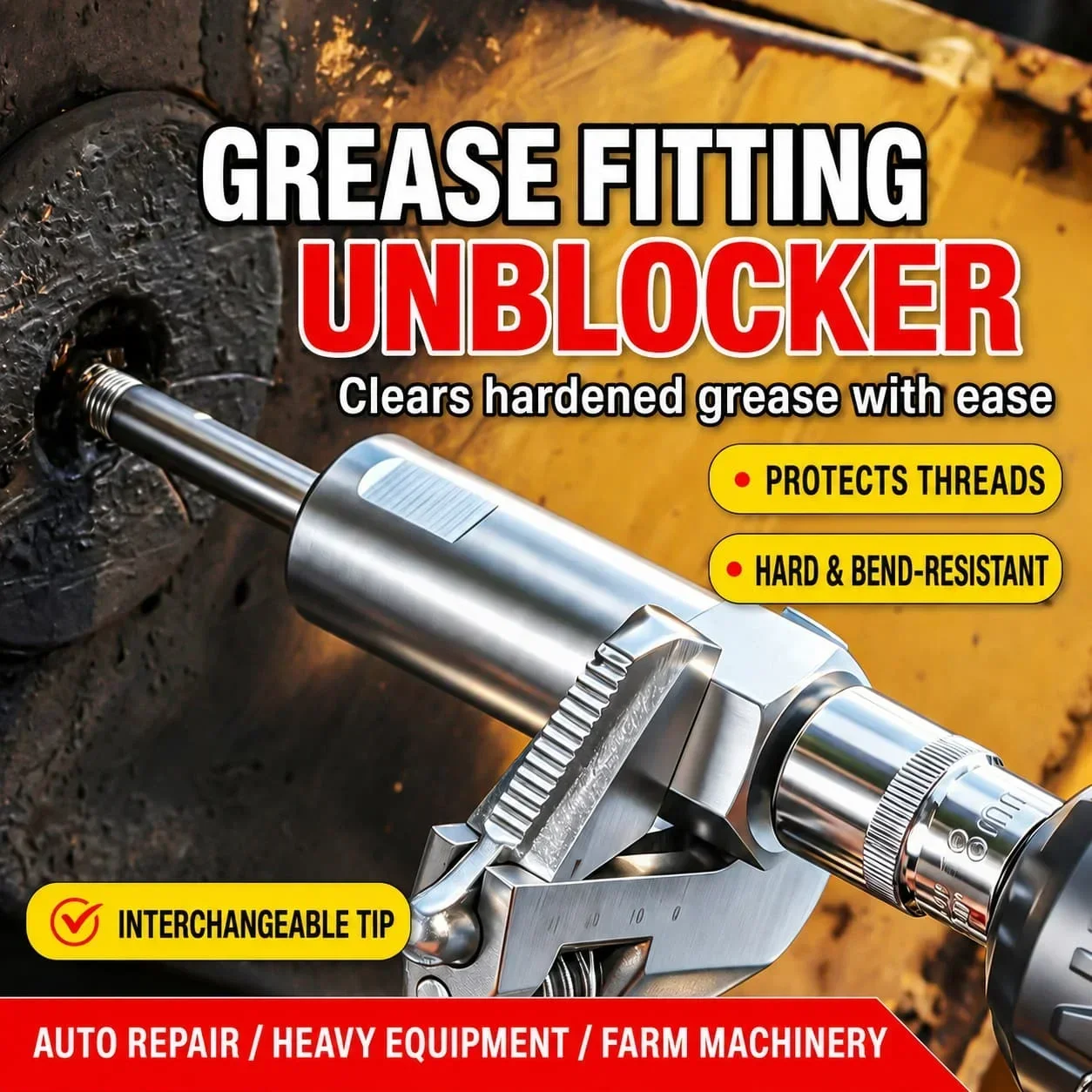 TINSOL Grease Fitting Unblocker Tool Kit with 6/8/10mm Push Rods, Alloy Steel Grease Zerk Cleaner for Auto and Farm Equipment