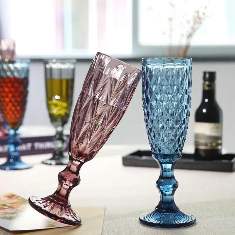 1 Piece 150ml 5oz Vintage Embossed Heavy Thick Clear Pink Green Blue Grey Colored Champagne Flute Glasses Goblet Cup 2
