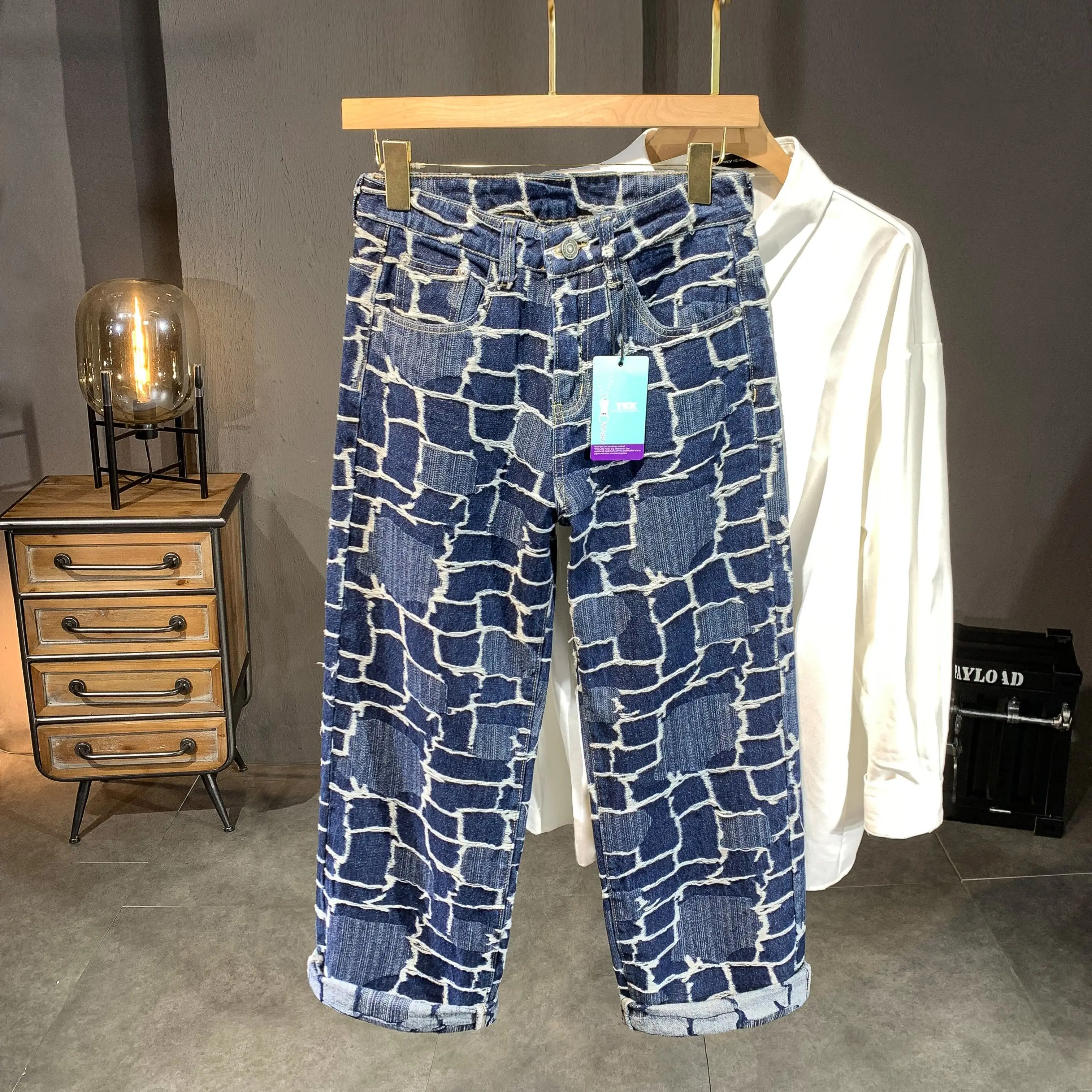 Spring & Autumn Street Wear Men Plaid Patchworks Baggy Pants Ripped Wash Denim Trousers Male 3