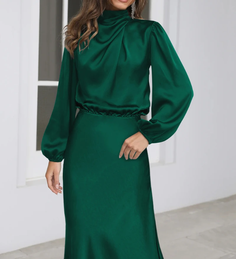 Kleider für Frauen Herbst neue Satin lang ärmel ige lose Kleid elegante Abendkleider hoch taillierte Party eine Linie Vestidos – Detail 5